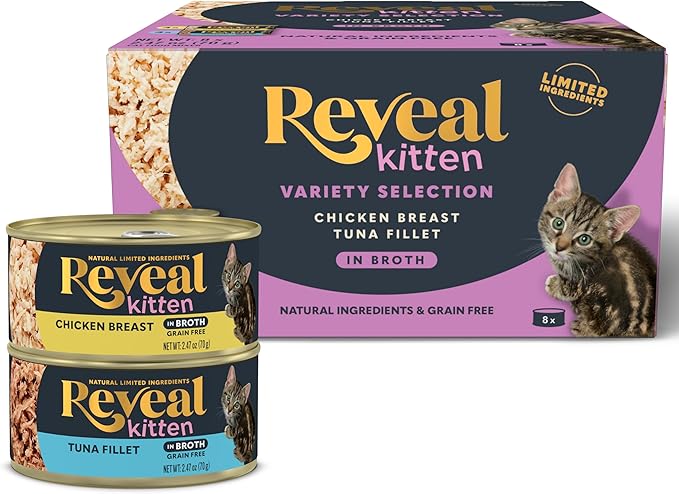 Reveal Natural Wet Kitten Food in Broth, Limited Ingredient Grain Free Canned Kitten Food, Protein with No Artificial Additives, Chicken & Tuna Variety in Broth (8 x 2.47 oz Cans)