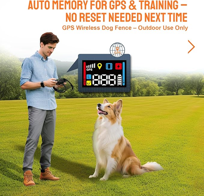 Electric Fence for Dogs. PetHey GPS Dog Collar Fence System,IPX7 Waterproof, 25–999 Yd Adjustable Boundary, Auto Memory Setting,Vibration & Shock Collar for Dogs,Dog Fencing Outdoor for Yard,No Wires