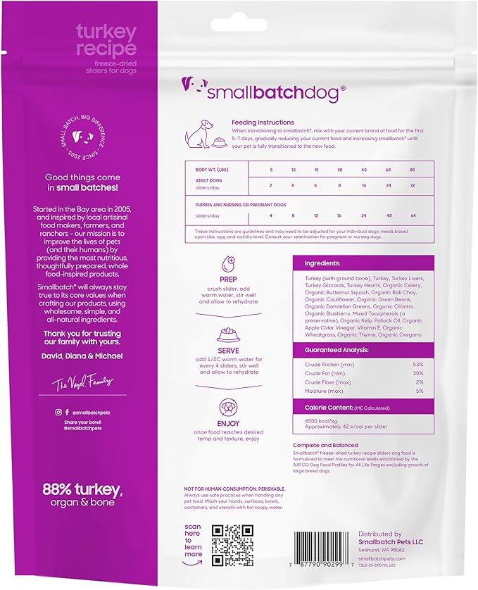 smallbatch Pets Freeze Dried Raw Dog Food, Turkey Recipe, 25 oz, Organic High Protein Dog Food, Grain Free, Made in The USA, Humanely Raised Meat, Single Protein, for Picky Eaters, Hydrate & Serve