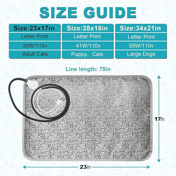 Pet Heating Pad, Electric Dog Pads for Dogs, with Anti-Chewing Coil, Automatic Start-Stop, Waterproof Cats Bed mats for Pets, Plug and Play (Letter 17inX23in)