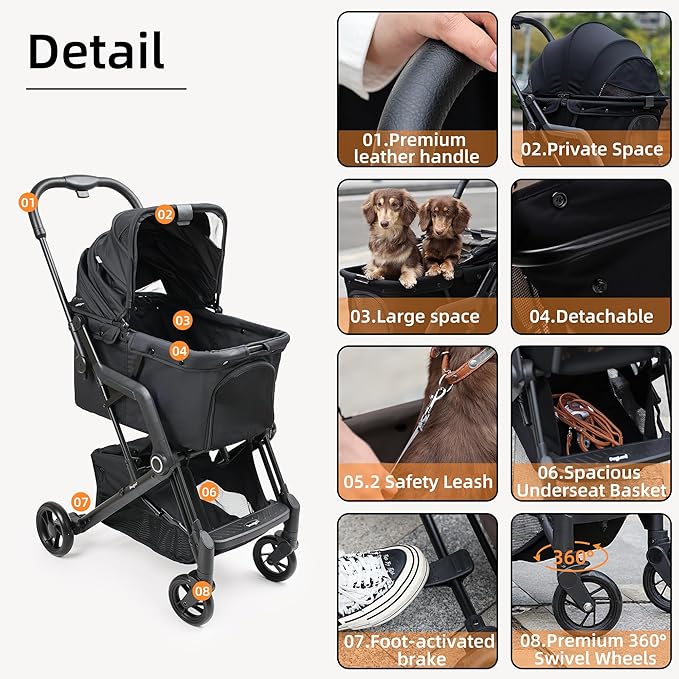 Dog Cat Stroller, Suitable for Dogs and Cats Weighing No More Than 66 Pounds, Foldable 4 Wheels Pet Strollers, Travel Small Dog Pet Stroller with 4 Wheels (Black)