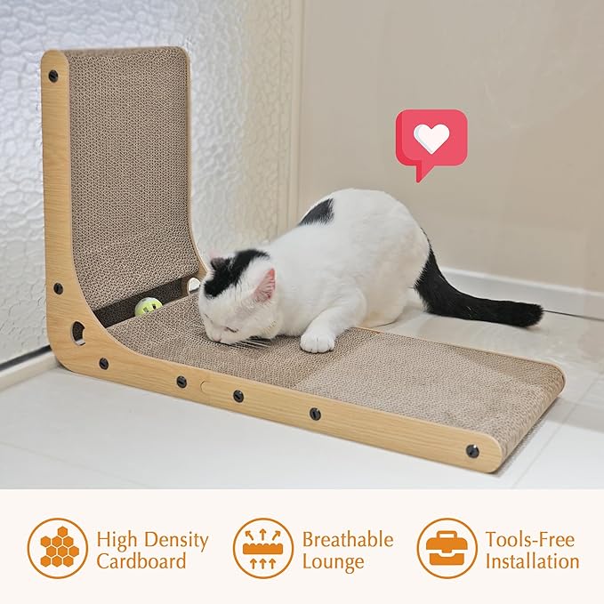 PETKARAY Cat Scratcher, Cat Scratching Board, L Shape Cat Scratch Pad for Indoor Cats, Floor Mounted Scratching Cardboard with Ball Toy