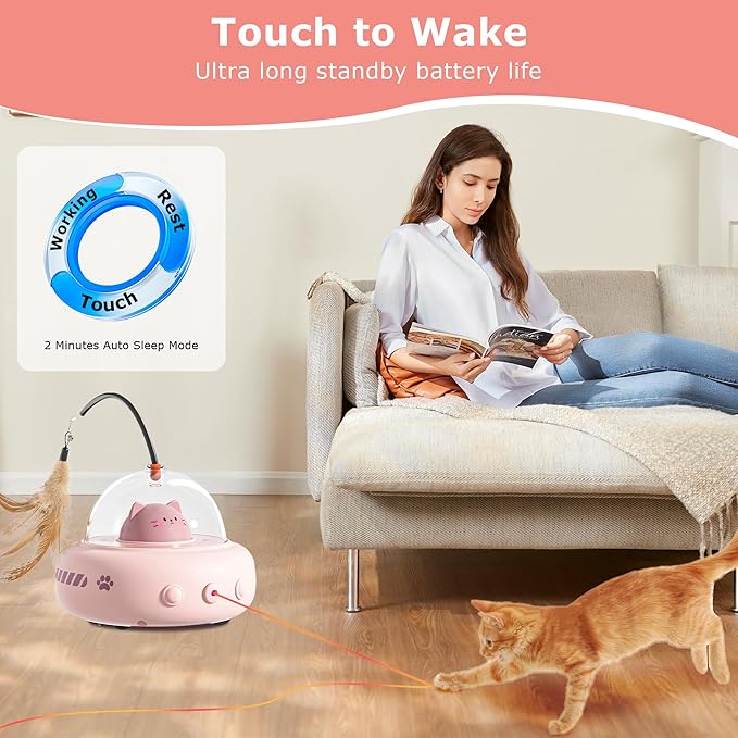 hooroor Laser Cat Toy for Indoor Cats,2 in 1 UFO-Vehicle Automatic Motion with Feather,Rechargeable Electronic Smart Sensor,Interactive Toys for Bored Cats/Kittens/Dogs,Ideal Gift (Pink Updated)