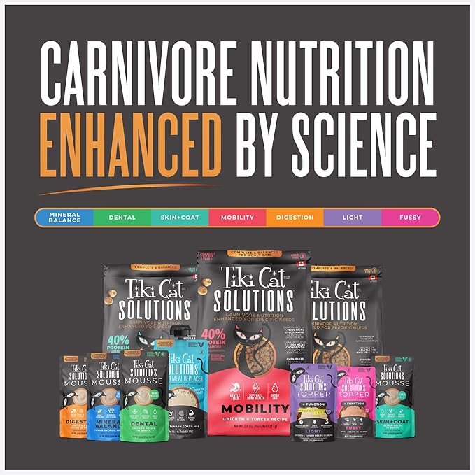 Tiki Cat Solutions Mousse Skin & Coat Mousse, Salmon Recipe, Specially Formulated with Omega Fatty Acids, Functional Wet Cat Food for Adult Cats, 2.4 oz. Pouch (12 Count)