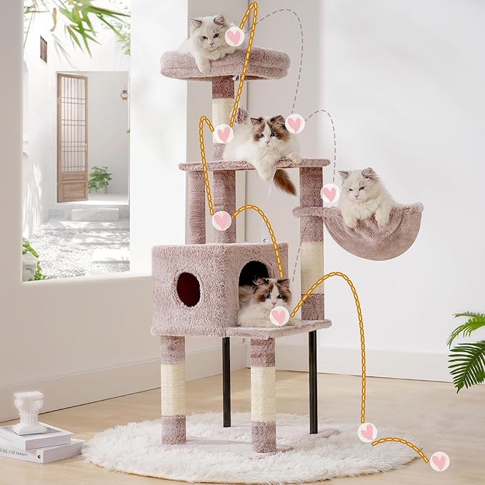 Heybly Cat Tree, 49.2 Inches Cat Tower for Indoor Cats, Spacious Cat House Condo with Hidden Space,Sturdy Steel Tube,Soft Plush Top Perch,Cozy Hammock and Sisal Scratching Posts, Muchroom HCT200SMU