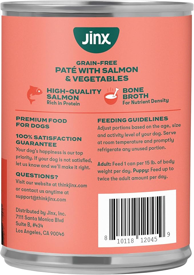 Jinx Premium Wet Dog Food Cans - Salmon Pate - Grain-Free Canned Dog Food Pate & Topper with Real Ingredients & No Fillers - All Life Stages, Breeds & Sizes - 12-Pack, 13 Oz