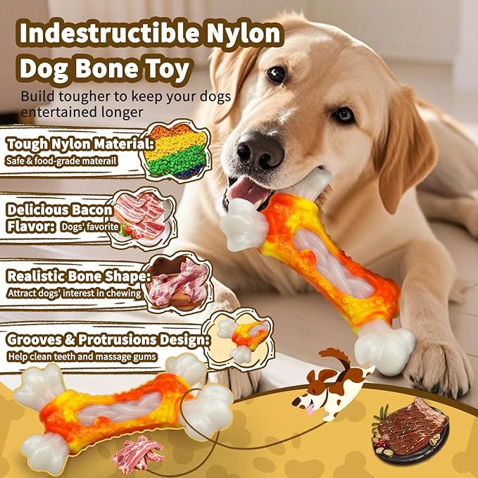 Dog Toys for Aggressive Chewers, Indestructible Dog Chew Toy for Large Dogs, Tough Dog Toys to Keep Them Busy for Small Medium Large Breed, Dog Chew Bone Toy, Bacon Flavor (Orange Bone)