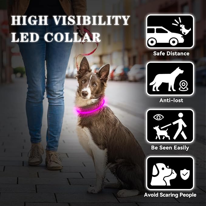 Led Light Up Dog Collar Rechargeable Waterproof, Glow in Dark Dog Collar, TPU Cuttable Lighted Dog Collars for Night Walking Charging USB, Safety for Small Medium Large Dogs Pink