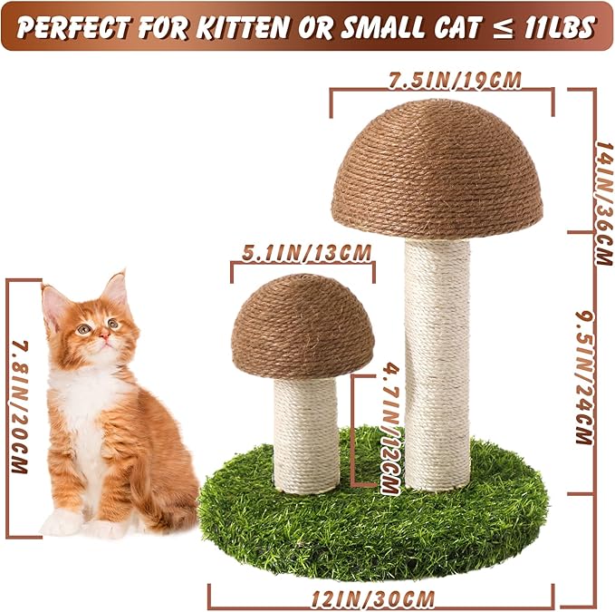 Cat Scratching Post - Mushroom Cat Scratcher Featuring with Natural Sisal Caps Scratch Pole and Sturdy Base for Kittens & Small Cats - Brown