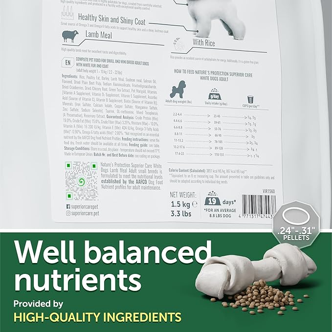 Nature's Protection Dry Dog Food for Small Breed - High Protein Tear Stain Diet for White & Light Fur Adult Dogs - Small Bites Kibble (Superior Care - Lamb and Rice, 22 lb)