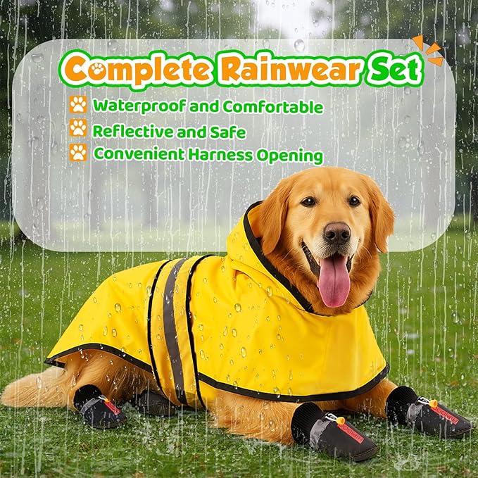 Dog Raincoat Jacket and Dog Shoes, Reflective Adjustable Hooded Pet Poncho Rain Coat with Leash Hole for Large Medium Dogs, Water-Resistant Skid-Resistant Sole, for Dogs Weighing80-50lbs, Yellow(L)