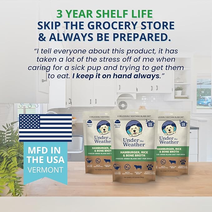 Under the Weather Bland Diet for Dogs | Easy to Digest for Sick Dogs | Always Be Ready | Contains Electrolytes - Natural Freeze Dried 100% Human Grade Meats| 1 Pack- Rice, Hamburger & Bone Broth - 6oz