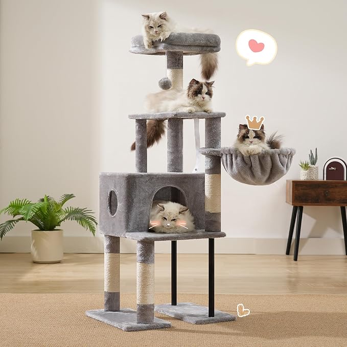 Heybly Cat Tree, 49.2 Inches Cat Tower for Indoor Cats, Spacious Cat House Condo with Hidden Space,Sturdy Steel Tube,Soft Plush Top Perch,Cozy Hammock and Sisal Scratching Posts, Light Gray HCT200SW