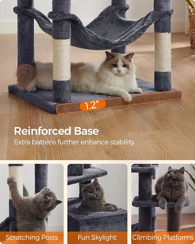 Feandrea Cat Tree, 75.2-Inch Cat Tower for Indoor Cats, Plush Multi-Level Cat Condo with 5 Scratching Posts, 2 Perches, 2 Caves, Hammock, 2 Pompoms, Smoky Gray UPCT191G01