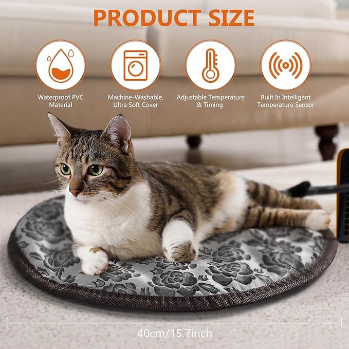 Riakrum 2 Pcs 16in Cat Heating Pad Round Pet Heating Pad Waterproof Cat Warming Pad Pet Electric Heating Mat Adjustable Heated Dog Pad with Washable Cover, Switch, Anti Bite Steel Cord for Cats Puppy