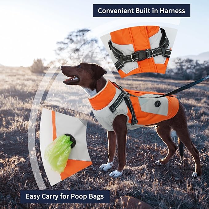IECOii Dog Coats for Small Dogs Winter Harness Zip Up - Orange,XSmall - Warm Fleece Lined Small Dog Winter Coat with D Ring,Waterproof Puppy Coats Dogs Snow Jackets Snowsuit Chihuahua Papillon Maltese