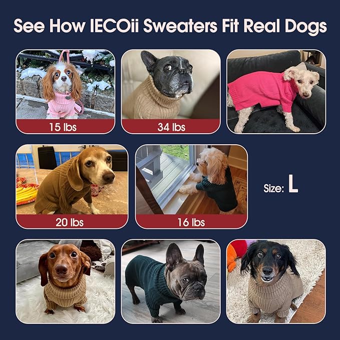 IECOii Dog Sweaters for Medium Dogs Girl Boy,Holiday Knit Doggy Sweatshirt with Sleeve,Turtleneck Thick Warm Dog Sweaters for Winter,Pullover Knitwear for French Bulldog,Boston Terrier (Black, L)