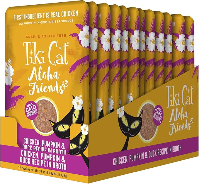 Tiki Cat Aloha Friends, Chicken, Pumpkin & Duck, Grain-Free & High Moisture, Wet Cat Food for All Life Stages 2.5 oz. Pouch (12 Count)