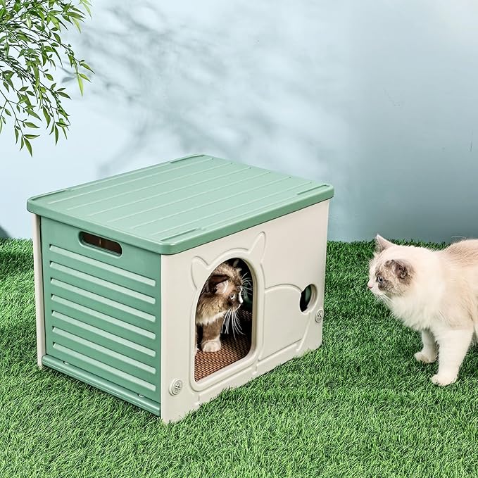 Cat House,Stackable Cat Bed for Pet Cats and Feral Cats Outdoor Indoor Use, Waterproof Cat Shelter with Woven Mat and Cotton Pad for Summer and Winter Use. (Green, M)