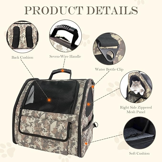 Camouflage Foldable Cat Backpack Carrier, Airline-Friendly, Cat Hiking Backpack Ventilated for Travel, Safety Tether Clip, 600D Oxford Fabric (Small Dogs/Cats)