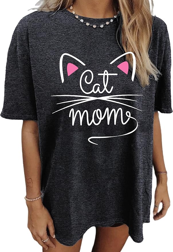 Cat Shirts for Women Cute Cat Mom Oversized Shirt Funny Pet Graphic Tees Y2k Teen Girl Clothes