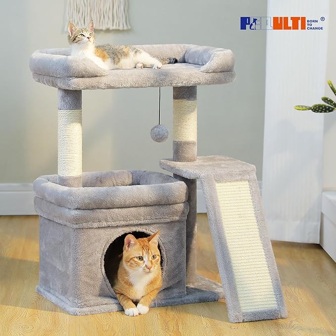 PEQULTI Small Cat Tree Tower for Large Adult Cats with Wide Top Perch, Private Cat Condo and Sisal Scratching Post&Pad for Indoor Cats, Gray