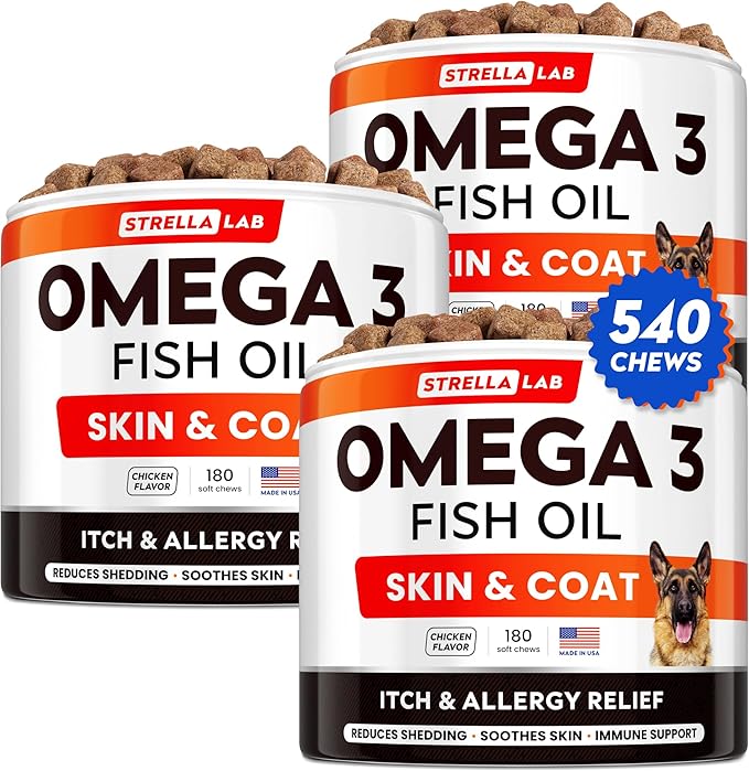 STRELLALAB Omega 3 for Dogs - (540Ct) Fish Oil Treats - Allergy & Itch Relief Skin&Coat Supplement - Dry Itchy Skin, Shedding, Hot Spots Treatment, Anti Itch - Pet Salmon Oil Chews - Chicken