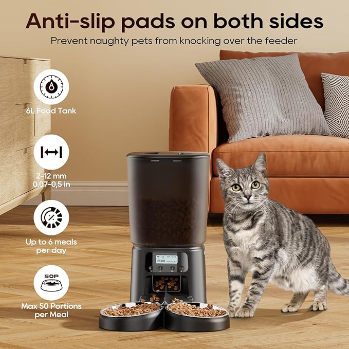 Automatic Cat Feeder,6L Timed Cat Dry Food Dispenser,Pet Feeder up to 6 Meals per Day,10S Voice Record,Flexible Schedule Timer,Auto Pet Feeder for Cats and Small Dogs (Black, 6L)