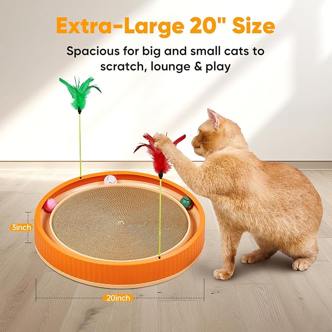 Extra-Large Round Cat Scratcher with Ball Track – 3-in-1 Circular Cardboard Scratching Pad with Feather Toys – Interactive Cat Toy Round Track for Indoor Cats, Kitten Play Lounge Board (Orange)
