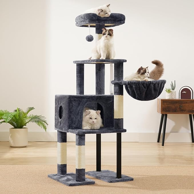 Heybly Cat Tree, 49.2 Inches Cat Tower for Indoor Cats, Spacious Cat House Condo with Hidden Space,Sturdy Steel Tube,Soft Plush Top Perch,Cozy Hammock and Sisal Scratching Posts, Smoky Gray HCT200SG