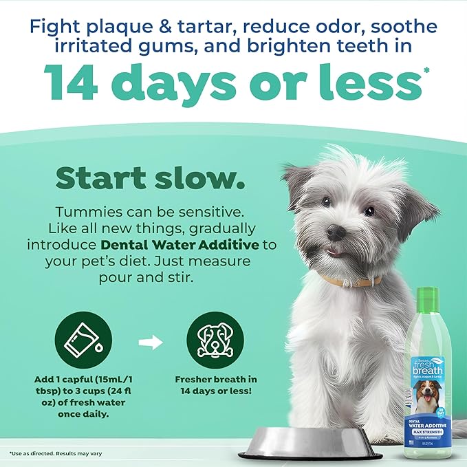 TropiClean Fresh Breath Advanced Whitening Water Additive for Dogs, Max Strength Dog Teeth Cleaning and Breath Freshener Solution, 16oz
