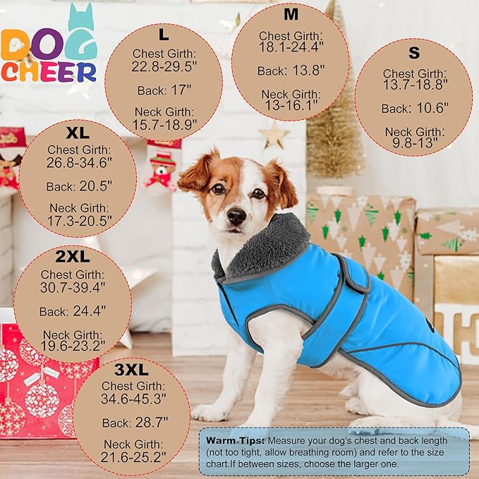 Dogcheer Dog Coat, Christmas Dog Jacket Waterproof Puppy Winter Coat for Cold Weather, Reflective Pet Snow Jacket Warm Turtleneck Fleece Sweater for Small Medium Large Dogs - Sky Blue, 3XL