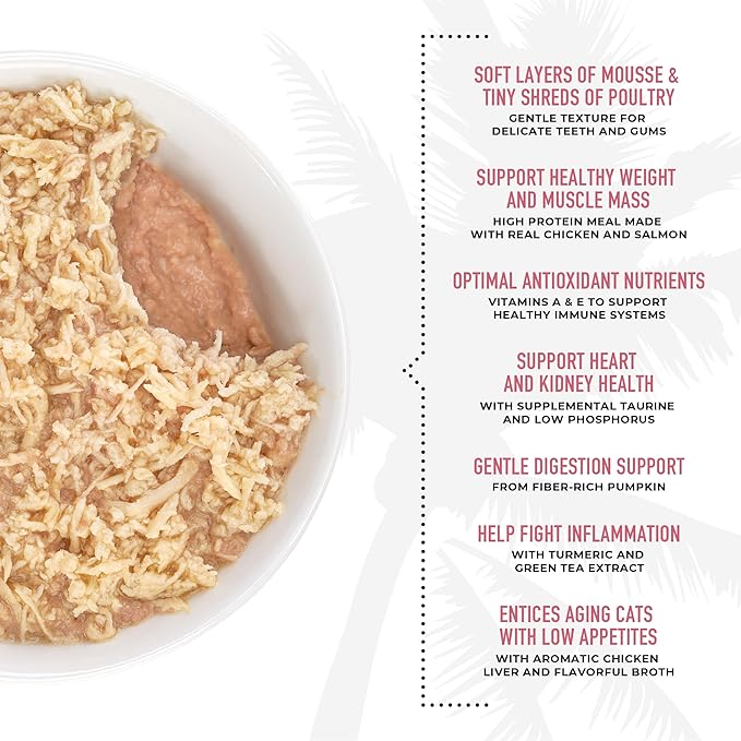 Tiki Cat Silver Comfort Mousse + Shreds, Chicken, Salmon & Chicken Liver Recipe, Immune System Support Formulated for Older Cats Aged 11+, Senior Wet Cat Food, 2.4 oz Cans (Pack of 12)