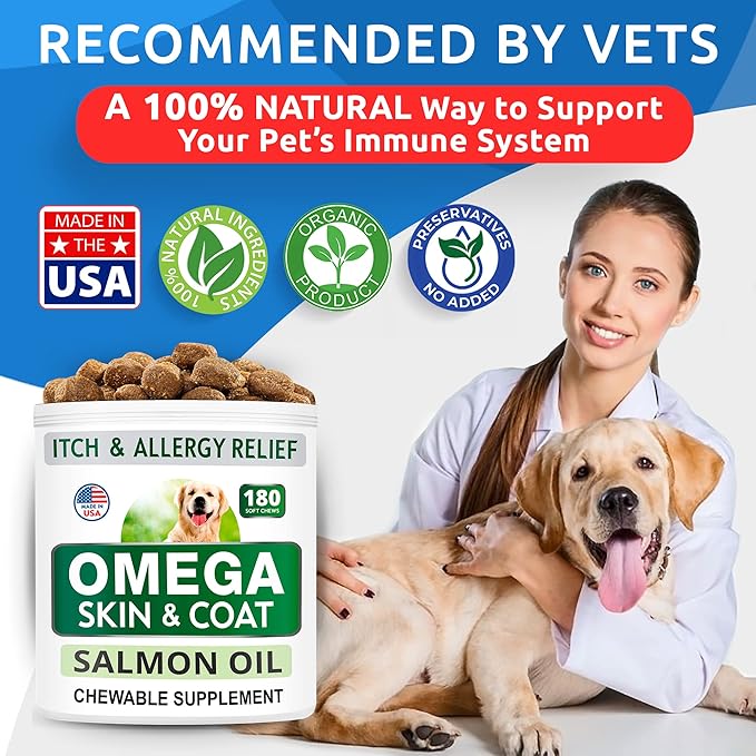 BARK&SPARK Omega 3 for Dogs - 180 Fish Oil Treats for Dog Shedding, Skin Allergy Chews, Itch Relief, Hot Spots Treatment - Joint Health - Skin and Coat Supplement - EPA & DHA Fatty Acids - Salmon Oil