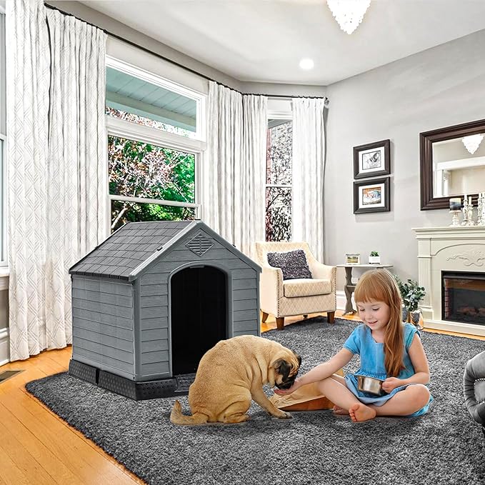 YITAHOME Large Plastic Dog House Outdoor Indoor Doghouse Puppy Shelter Water Resistant Easy Assembly Sturdy Dog Kennel with Air Vents and Elevated Floor
