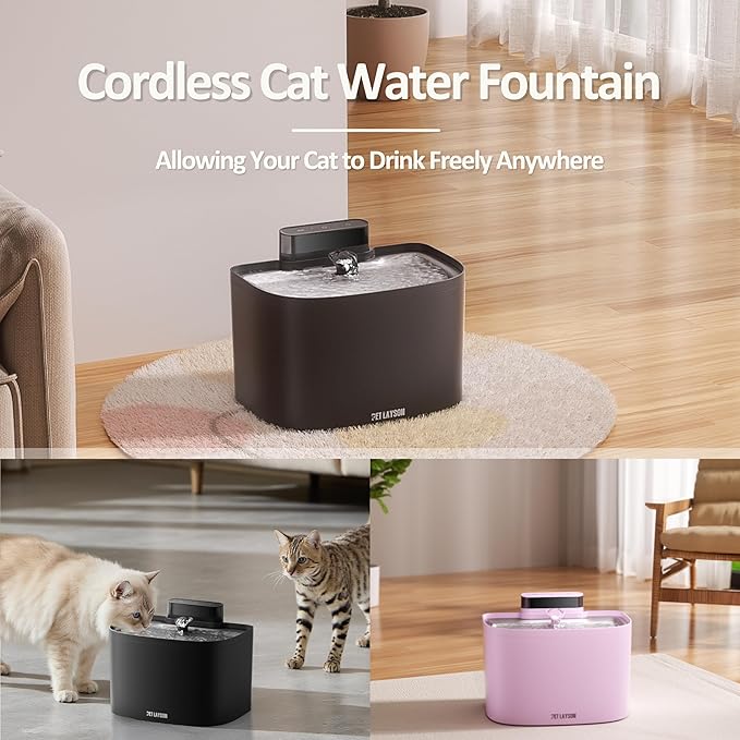 PET LAYSON Pumpless Cat Water Fountain,Smart Cordless Dog Fountains 3.6L/122oz with Maglev Valve Technology Wireless Rechargeable Battery Water Dispenser 8 Filters,2 Nozzles(White01, M1-8 Filter)