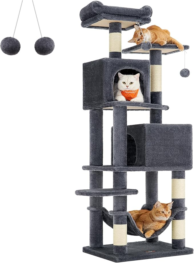Feandrea Cat Tree, 61-Inch Cat Tower for Indoor Cats, Plush Multi-Level Cat Condo with 5 Scratching Posts, 2 Perches, 2 Caves, Hammock, 2 Pompoms, Smoky Gray UPCT192G01