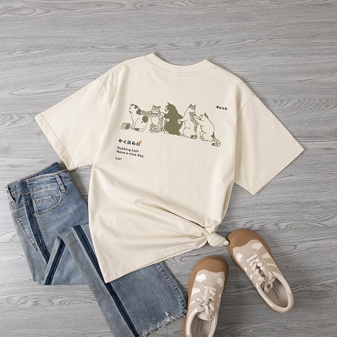 Cute Cat Graphic Tees for Women Harajuku Shirt Letter Printed Oversized T Shirts Aesthetic Casual Baggy Tshirts…