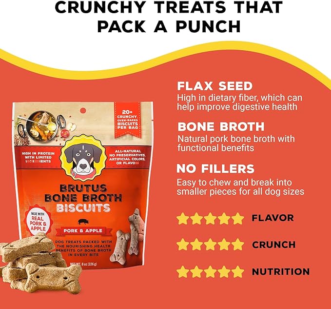 Brutus Bone Broth Biscuits (Pork and Apple) - Natural Treats - Healthy Dog Biscuits with Real Pork, Bone Broth and Apple for Healthy Joints - 18 Grams of Protein - 8 OZ (Pack of 6)