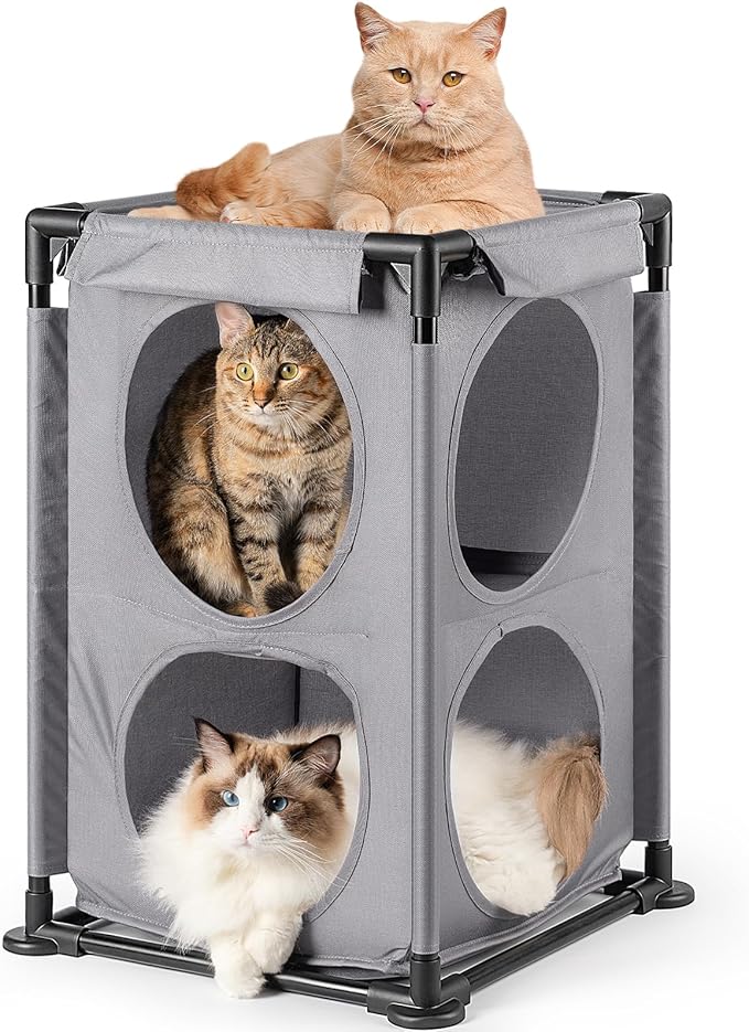 2-Level Cat House&Condo, 2-Story Cat Beds for Indoor Cats, Elevated Cat Cave for Multiple Cats, Outside Cat House, Stable and Easy to Assemble, 15.75'' x 15.75'' x 25.2''inches, Grey