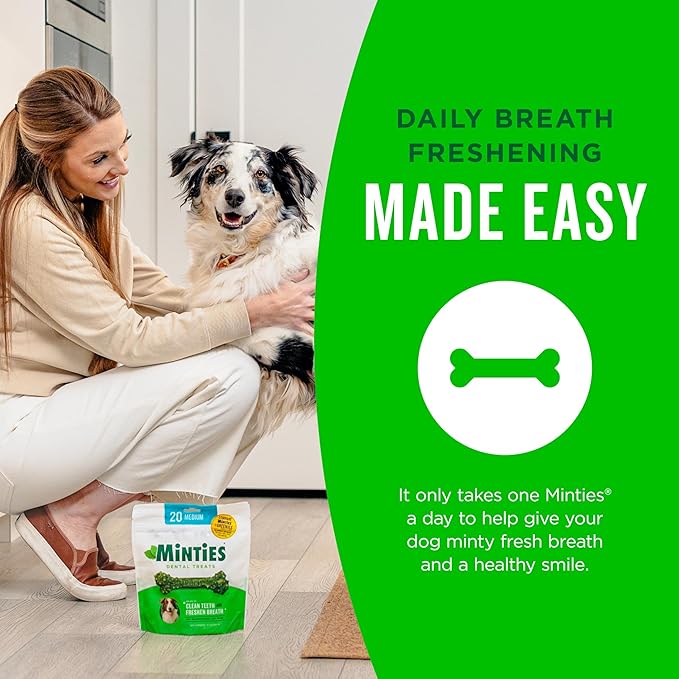 Minties Dental Chews for Dogs, 60 Count, Vet-Recommended Mint-Flavored Treats for Medium Dogs 25-50 lbs, Bones Clean Teeth, Fight Bad Breath, and Removes Plaque and Tartar