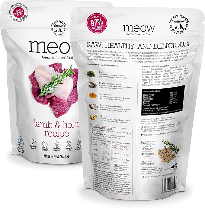 The New Zealand Natural Pet Food Co Meow Freeze Dried Cat Food - Lamb & Hoki Recipe, High Protein Treats, Meals & Toppers, Dry Cat Food, 9.9 oz