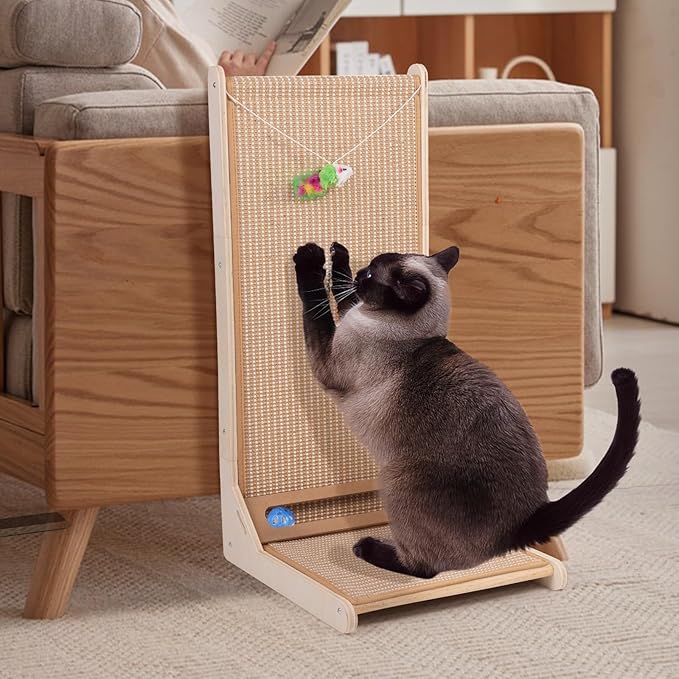 Sisal Cat Scratchers for Indoor Cats, 26.8'' L-Shape Cat Scratching Board, Large Cats Scratching Posts to Protect Furniture, Solid Wooden Cats Scratch Pad with Mouse Toy(Vertical Scratcher)