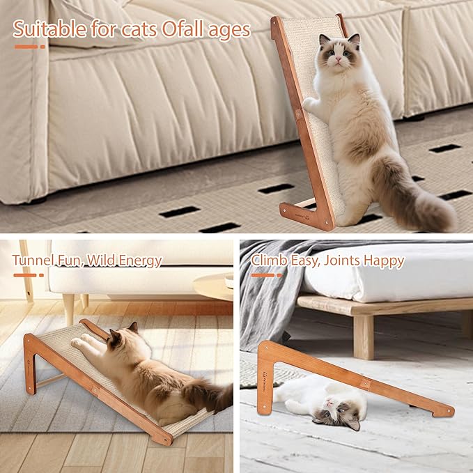 Large-28.5" Sisal Cat Scratcher of L-Shaped Solid Wood Cat Scratching Post - Beechwood Base, Natural Sisal Woven Scratching Pad, Durable, Furniture Protector for Cats' Clawing and Play