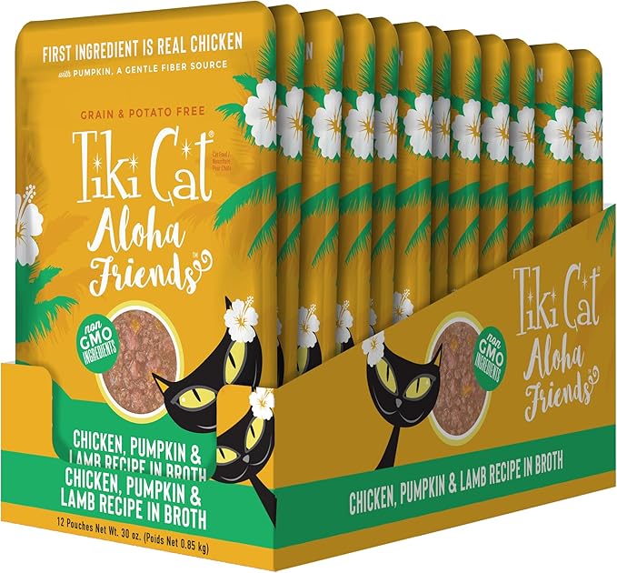 Tiki Cat Aloha Friends, Chicken, Pumpkin & Lamb, Grain-Free & High Moisture, Wet Cat Food for All Life Stages 2.5 oz. Pouch (12 Count)