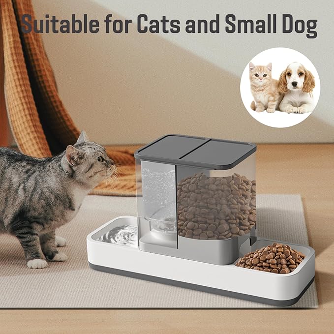 Automatic Small Pet Feeder and Water Dispenser, 2 in 1 Gravity Cat Auto Cat Small Medium Dog Feeder and Waterer Set Dish for Puppy Kitten Pets (Grey)