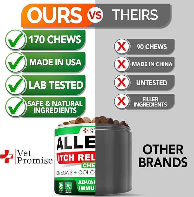 Dog Allergy Relief Chews - 170 Dog Allergy Chews - Itch Relief for Dogs - Anti Itch for Dogs - Dry & Itchy Skin - Allergies & Immune Support Supplement, Omega 3 Fish Oil, Colostrum - Made in USA