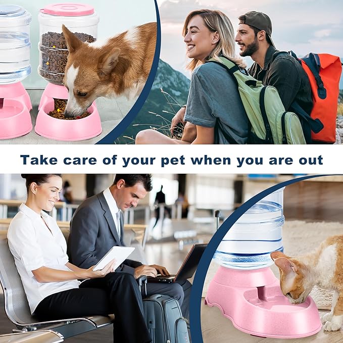 2 Pack Automatic Cat Feeder and Water Dispenser in Set Gravity Food Feeder and Waterer Pet Food Bowl for Small Medium Dog Pets Puppy Kitten Big Capacity 1 Gallon x 2 (Pink)
