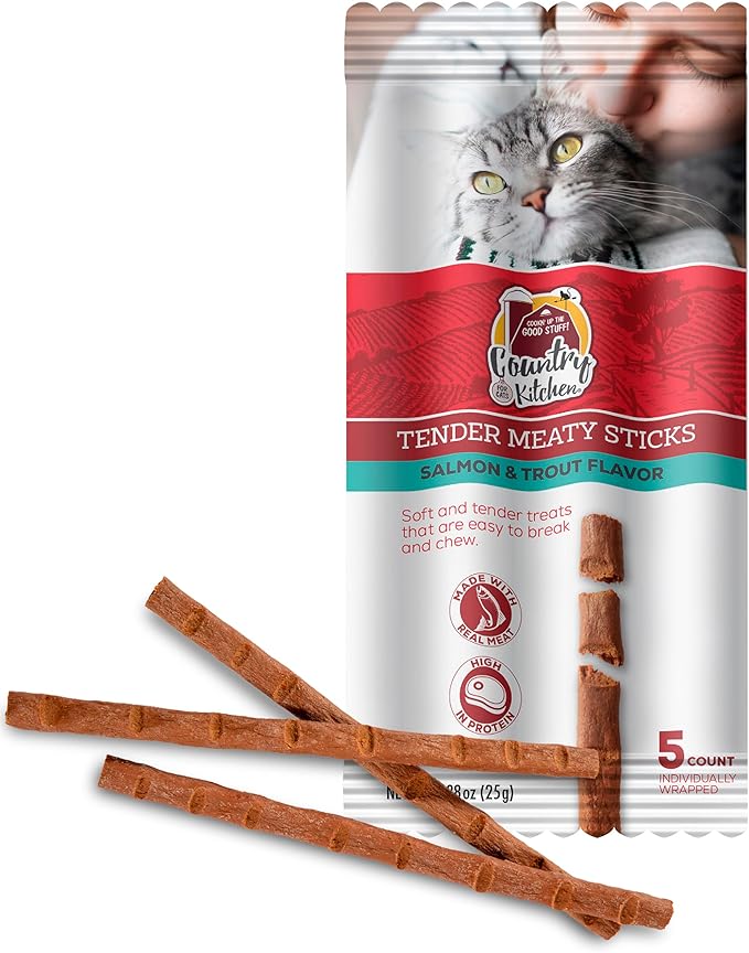 Country Kitchen Salmon & Trout Tender Meaty Sticks Cat Treats, High in Protein, Easy to Break and Chew, 0.88 Oz, 5 Count