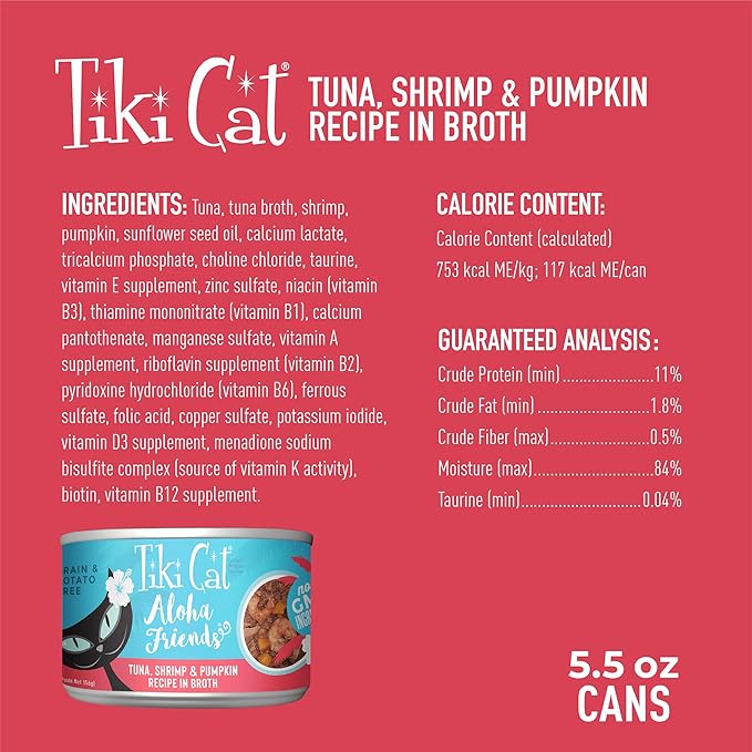 Tiki Cat Aloha Friends, Tuna, Shrimp & Pumpkin, Grain-Free & High Moisture, Wet Cat Food for All Life Stages 5.5 oz. Cans (Pack of 8)